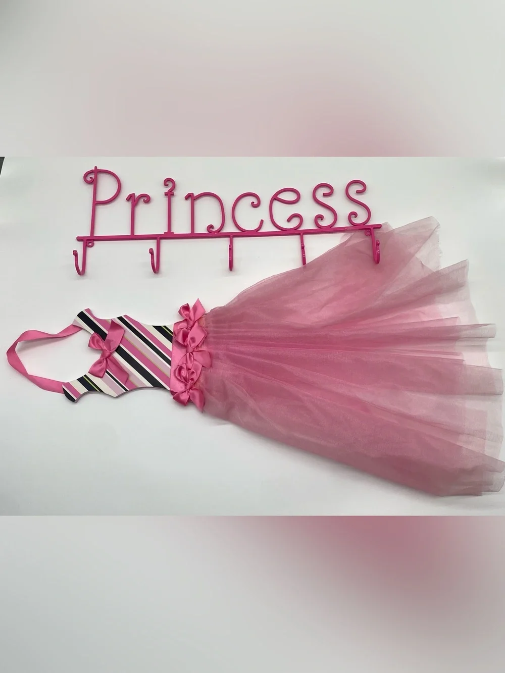 Princess Wall Hook Rack & Tutu Hair Bow Holder Organizer Set Pink Girls Decor